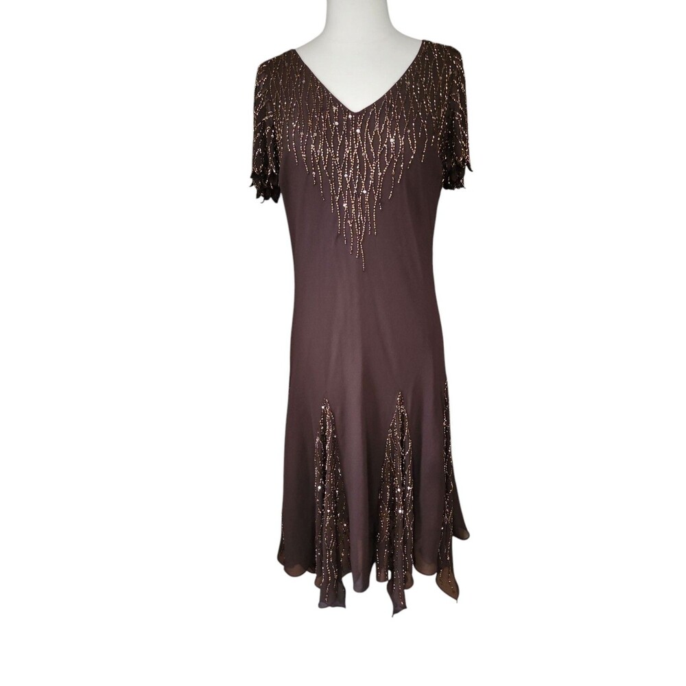 Jkara Vintage Y2K Brown Sequined Fairy Whimsigoth Midi Dress Size 16 Asymmetric